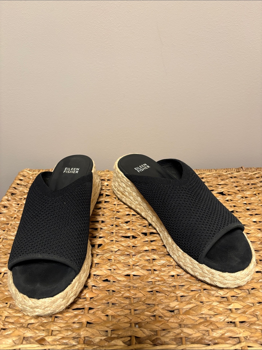 Eileen Fisher Black Knit Espadrille Wedge Mule